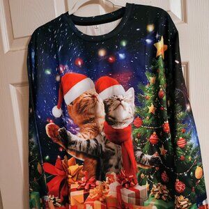 Unisex Long Sleeve Cat Christmas Shirt, L, Printed Both Sides, New